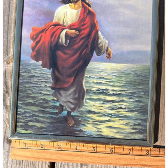 Vintage Jesus Walking On Water Print Gold Tone Metal Frame 9"x 11" - Picture 4 of 6